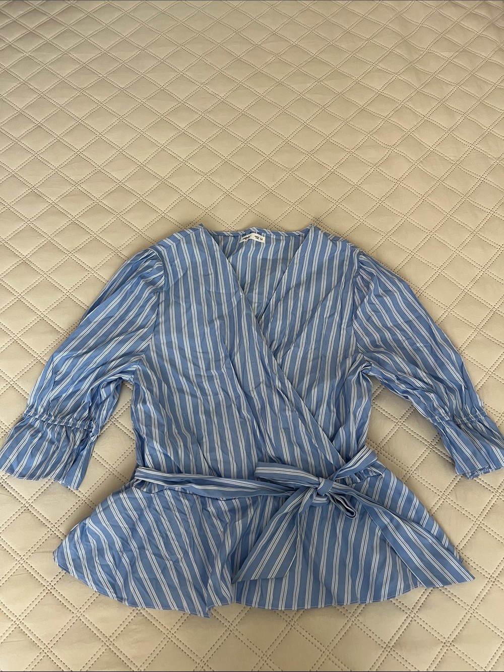 Striped Blue Wrap Blouse with Waist Tie